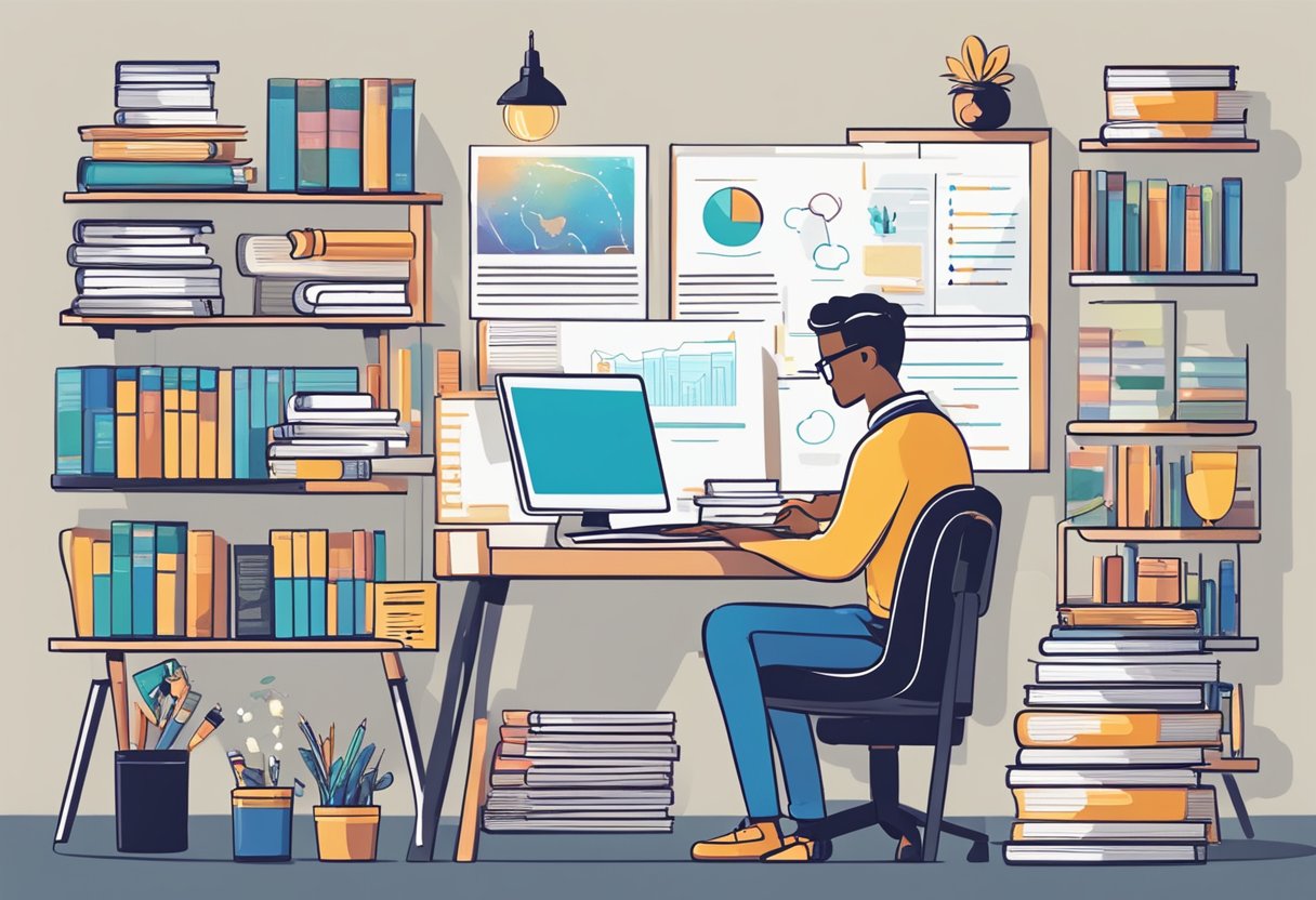 A person sitting at a desk, surrounded by books, a laptop, and various educational materials. The person is writing and brainstorming ideas for content development strategies