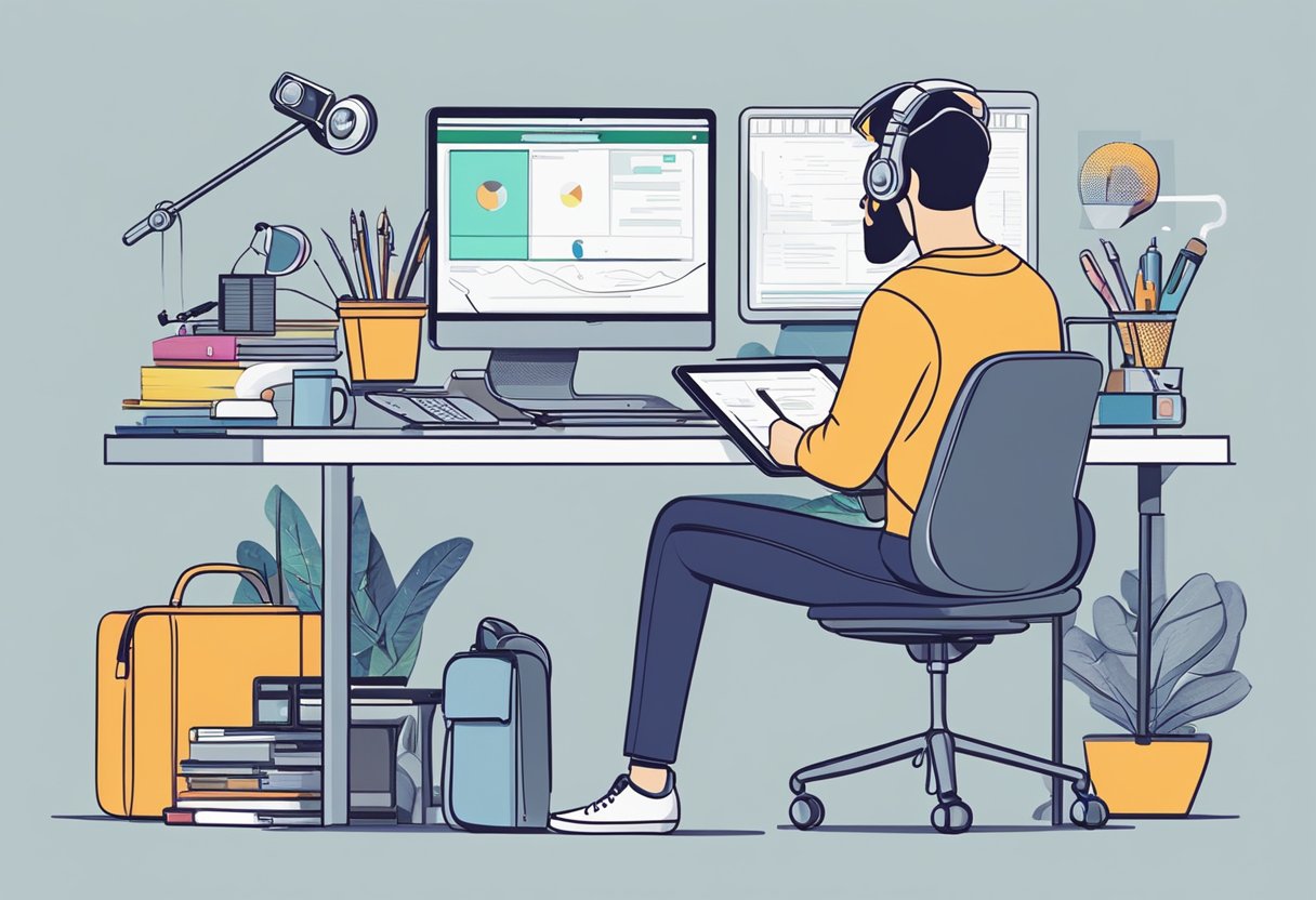 A content creator sits at a desk surrounded by a computer, tablet, camera, microphone, and other technological tools