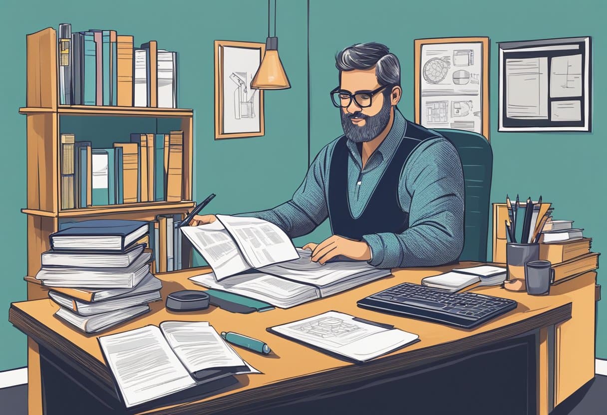 An educator at a desk surrounded by books, a computer, and writing tools. A stack of papers and a chalkboard with educational diagrams in the background