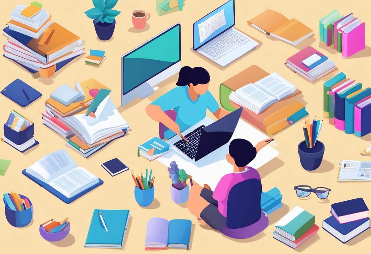 A person creating educational content, surrounded by books, a laptop, and various teaching materials