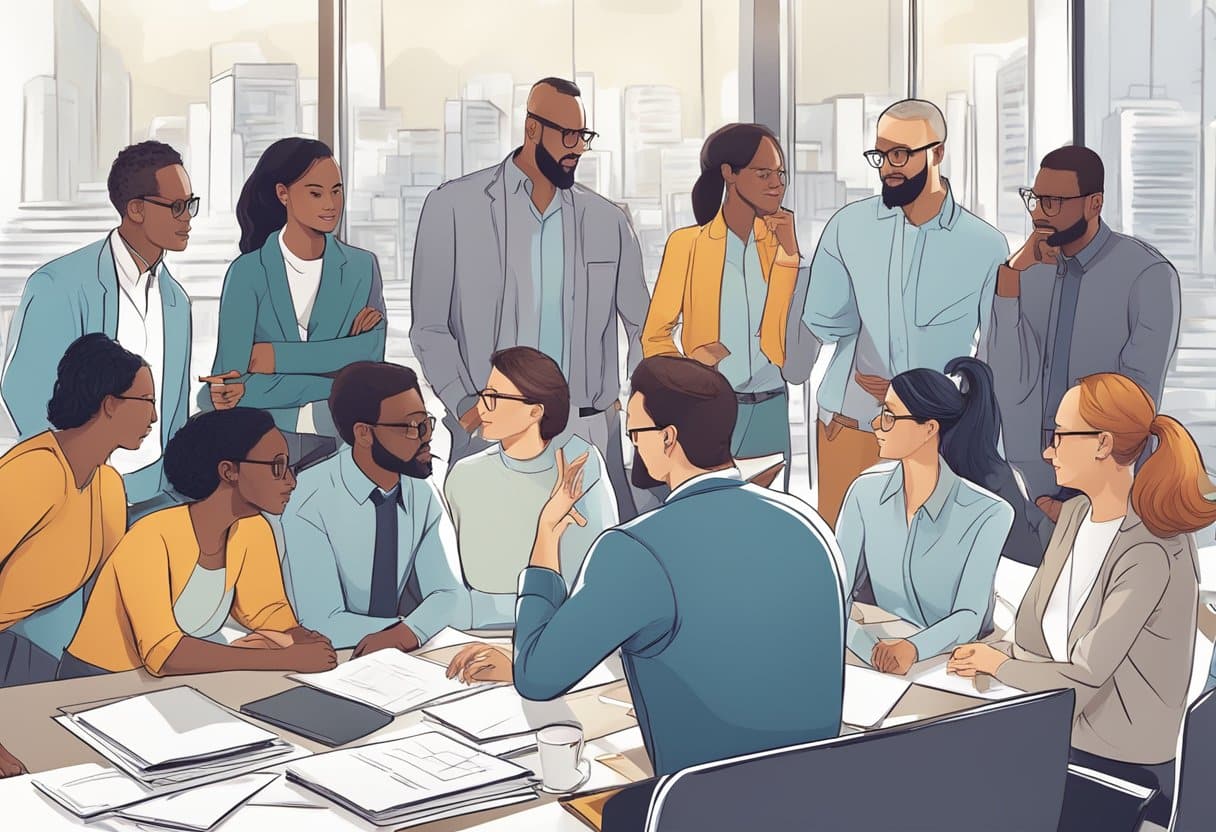 A group of diverse professionals engage in brainstorming and sharing ideas in a collaborative and dynamic environment