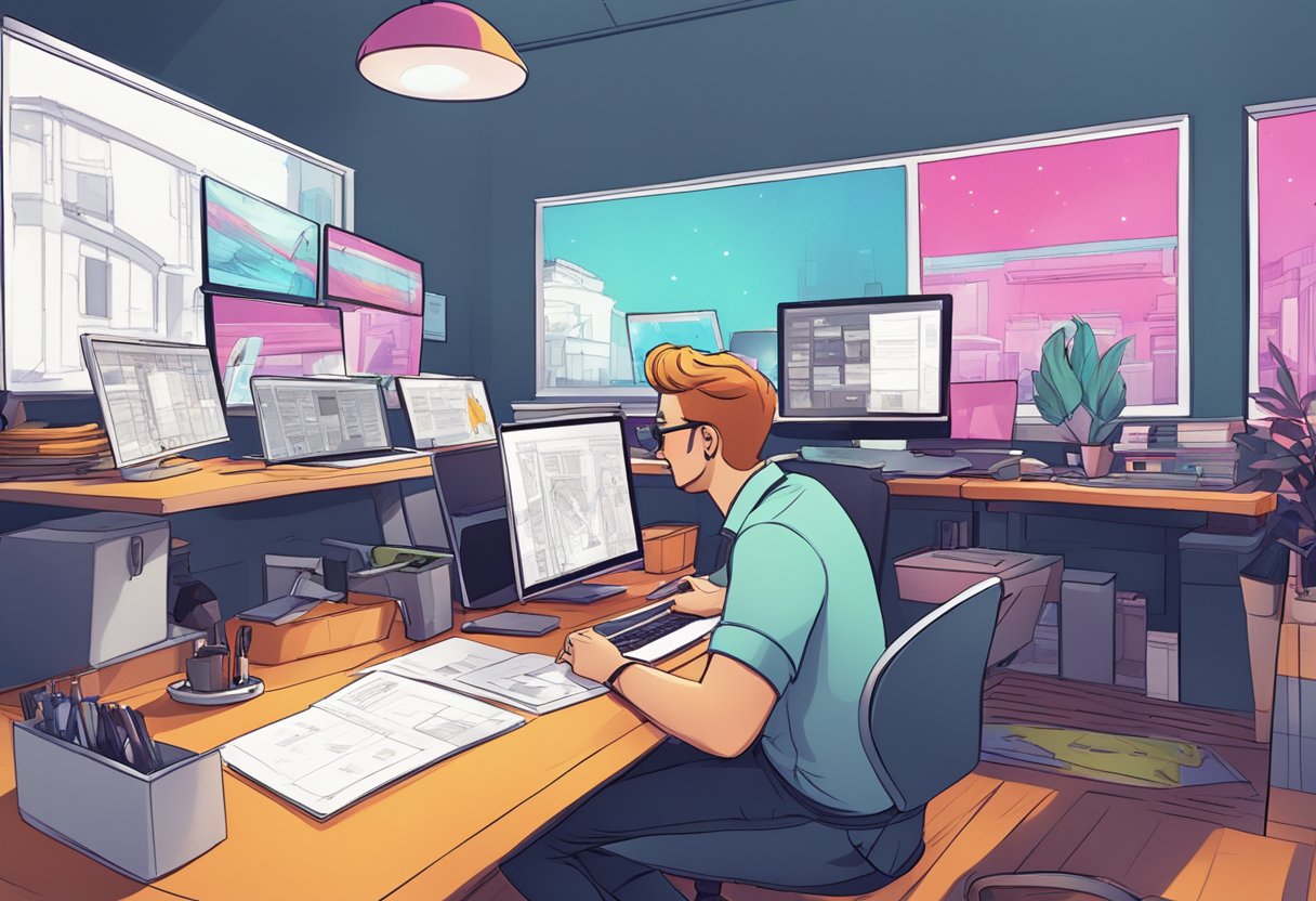 A vibrant, dynamic animation studio with a team collaborating on storyboards and concept art for a brand video production