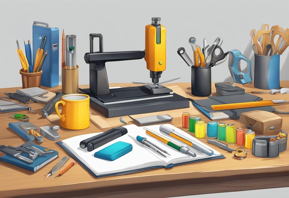 A table with various tools and equipment for character design and pre-rigging preparation