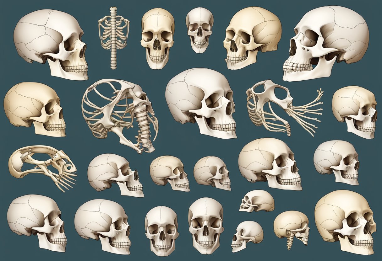 A collection of bones arranged in a natural and anatomically correct position, with visible joints and connections between the bones