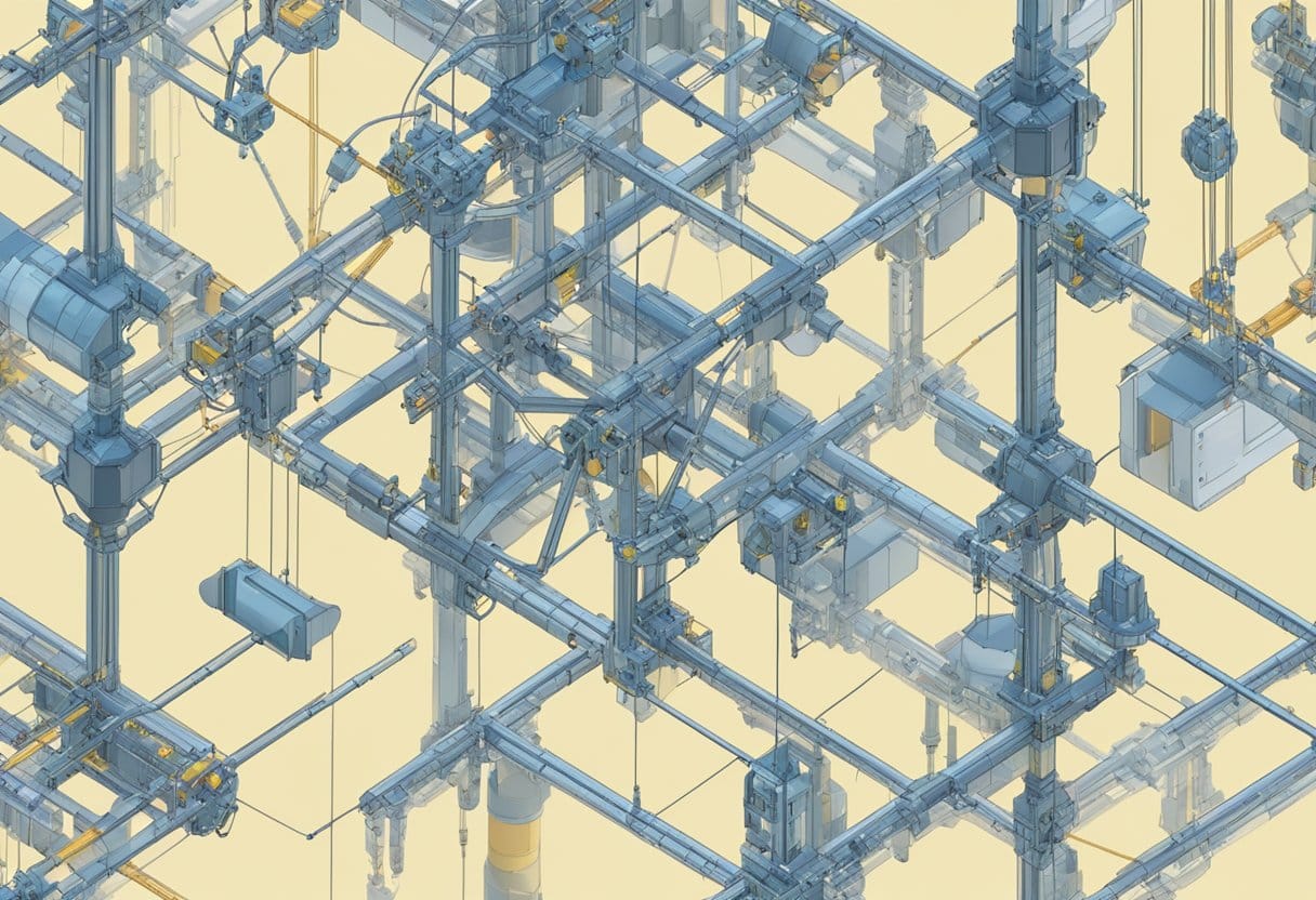 A complex 2D rigging system with interconnected nodes and control points. Multiple layers of elements with various levels of articulation and movement