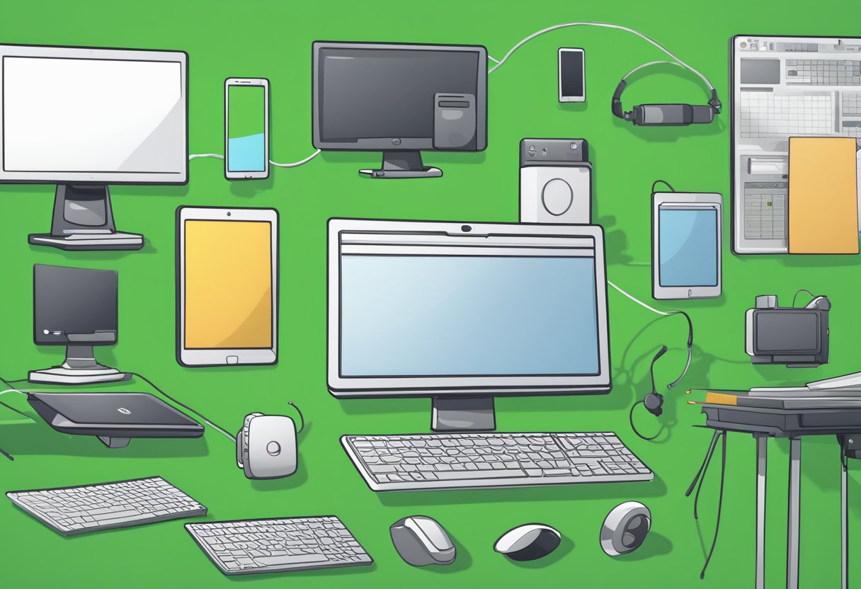 A 2D character is being rigged onto a green screen, with various media platforms such as a computer screen, a smartphone, and a tablet surrounding it