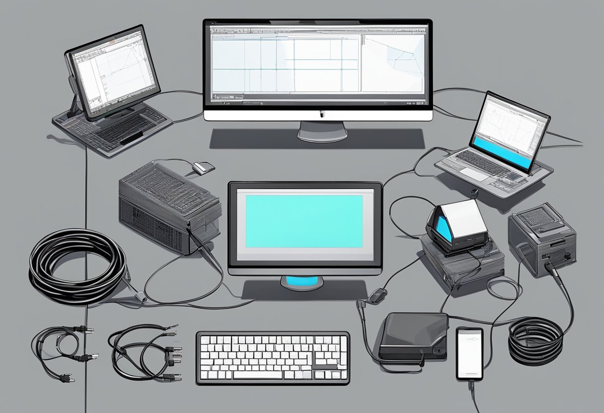 A collection of computer monitors and drawing tablets surrounded by various cables and 2D rigging tools