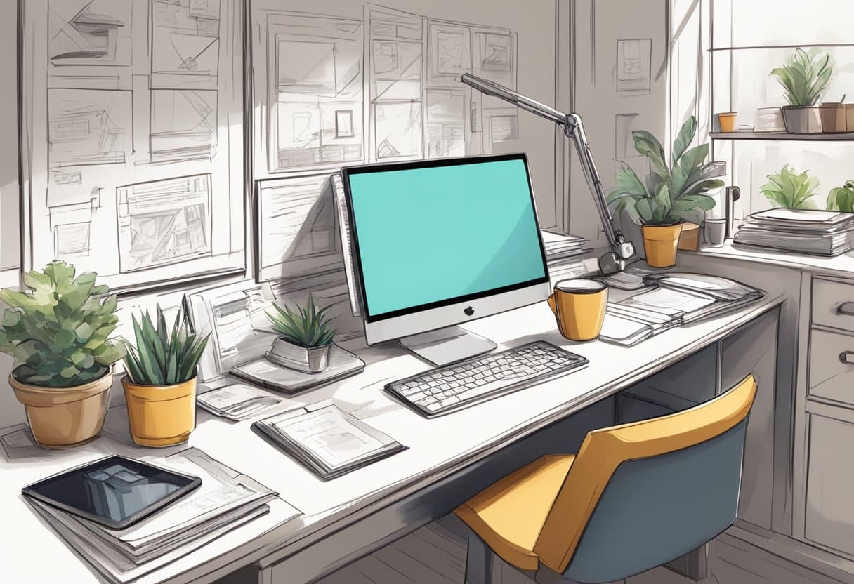 A desk with a computer, storyboard sketches, and a cup of coffee. Animate characters and objects surround the workspace