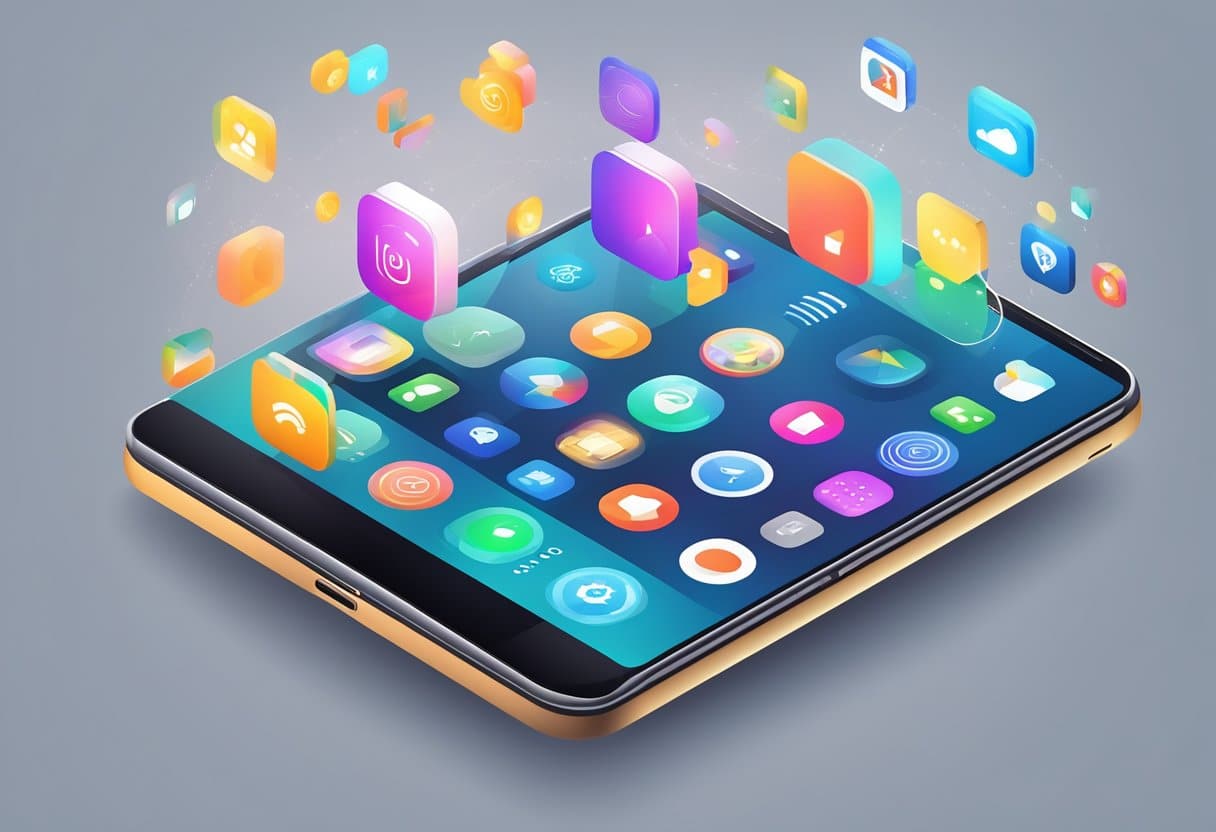 A smartphone with a sleek, modern design takes center stage, with various app icons and notifications popping up around it