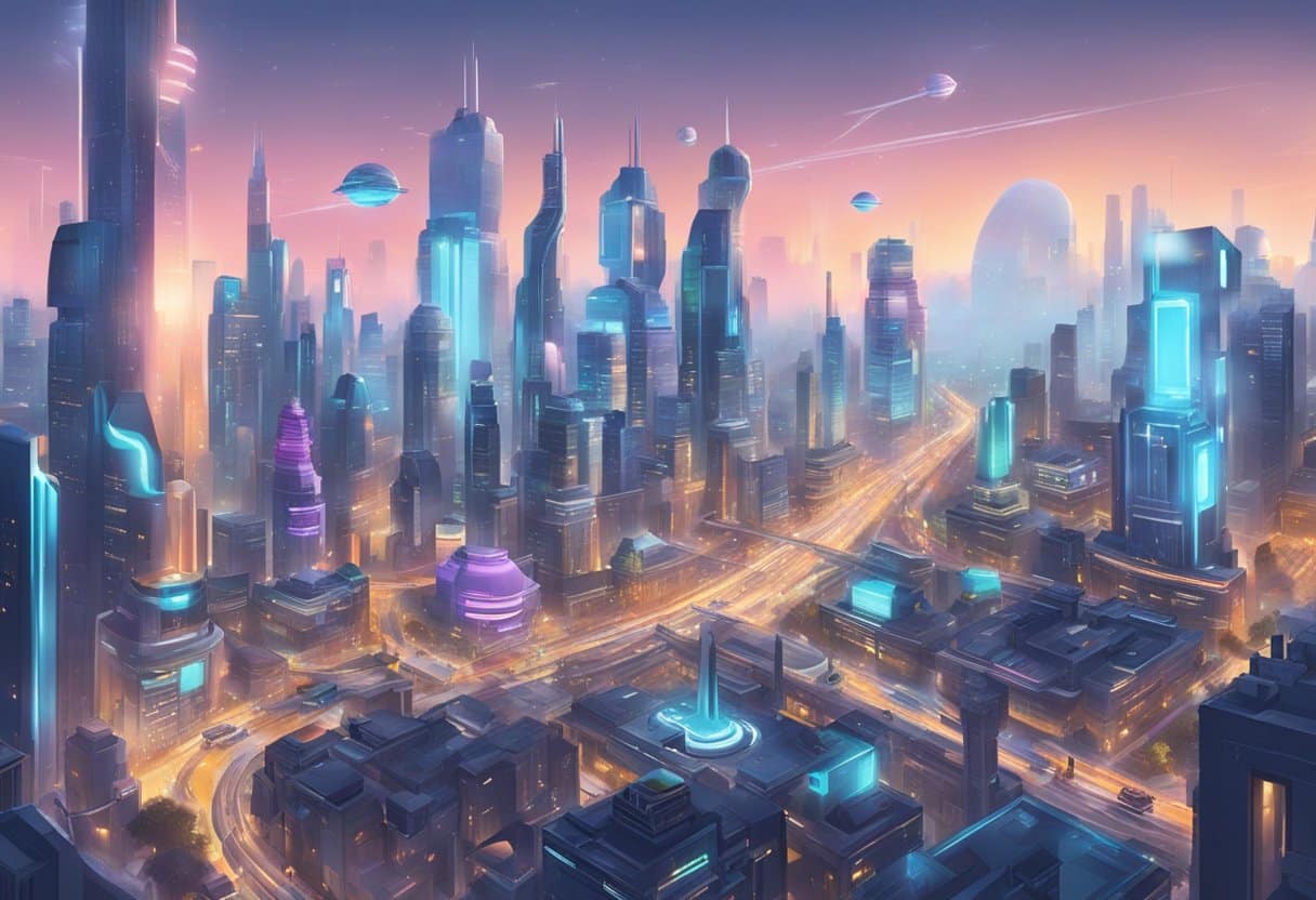 A futuristic cityscape with AI-powered robots creating animated scenes