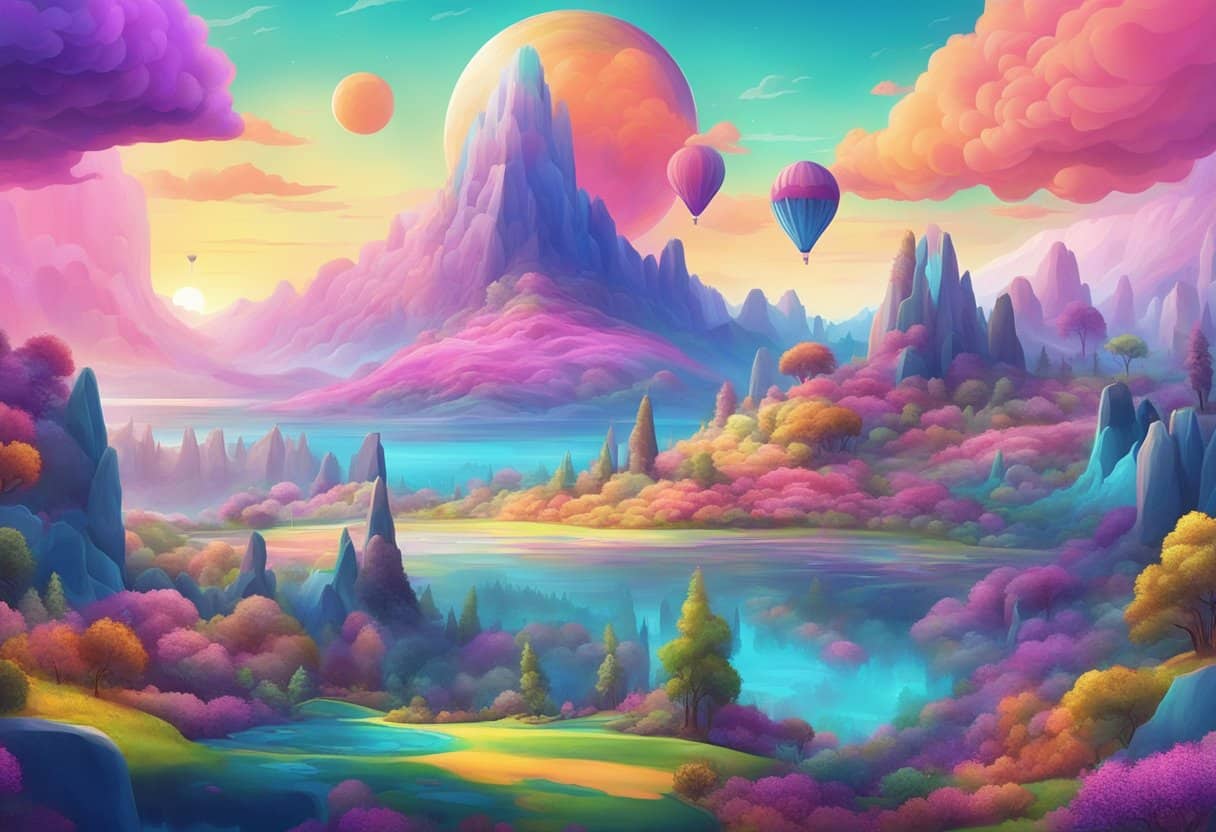 An AI-enhanced animation of a fantastical landscape with vibrant colors and surreal elements, showcasing the potential of creative possibilities and visual storytelling