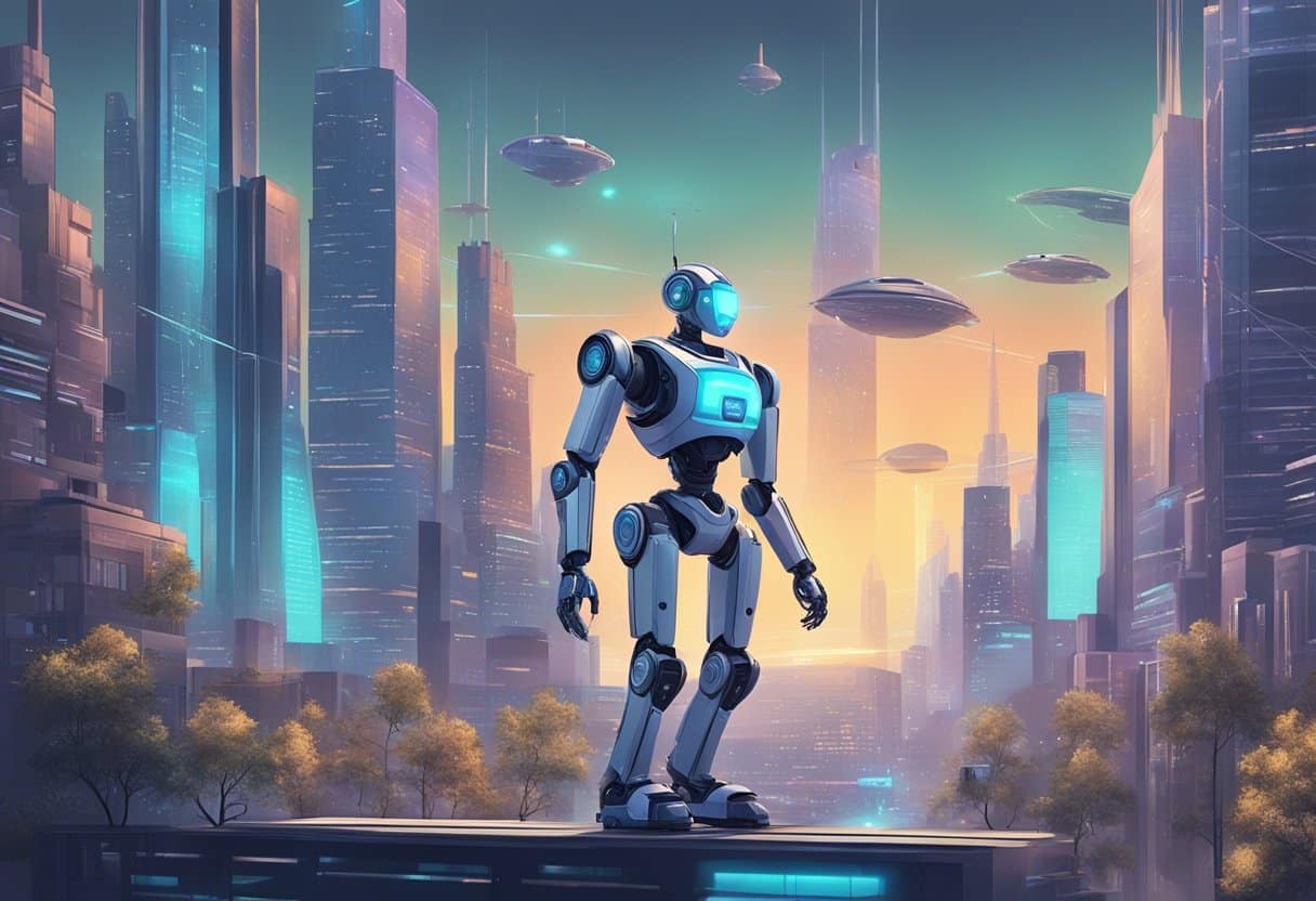 An AI-generated robot animating a futuristic cityscape