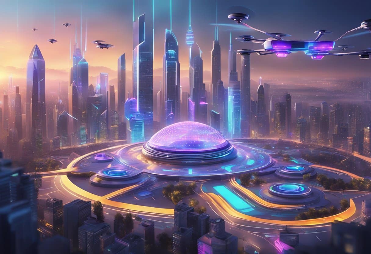 A futuristic cityscape with AI-powered drones creating animated holographic displays