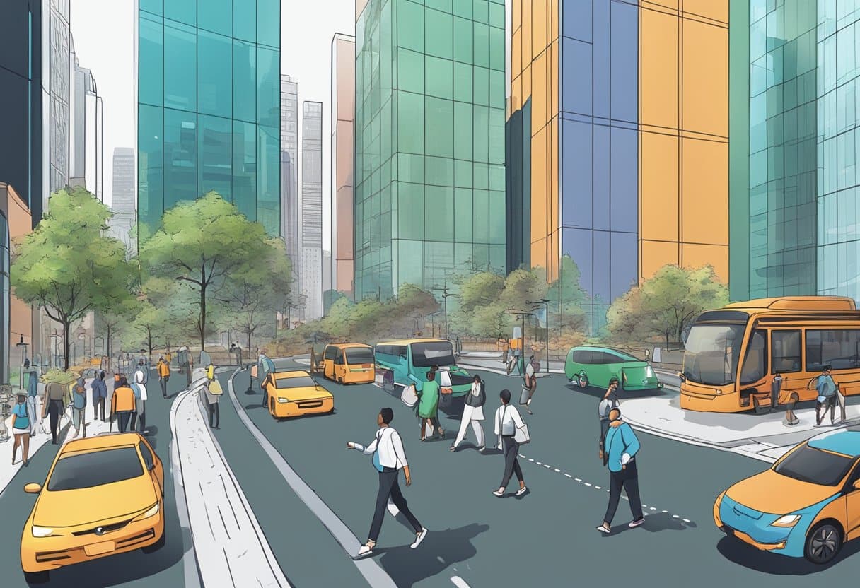 A busy city street with tall buildings, traffic, and people walking. A large digital screen displays graphs and charts related to asset management