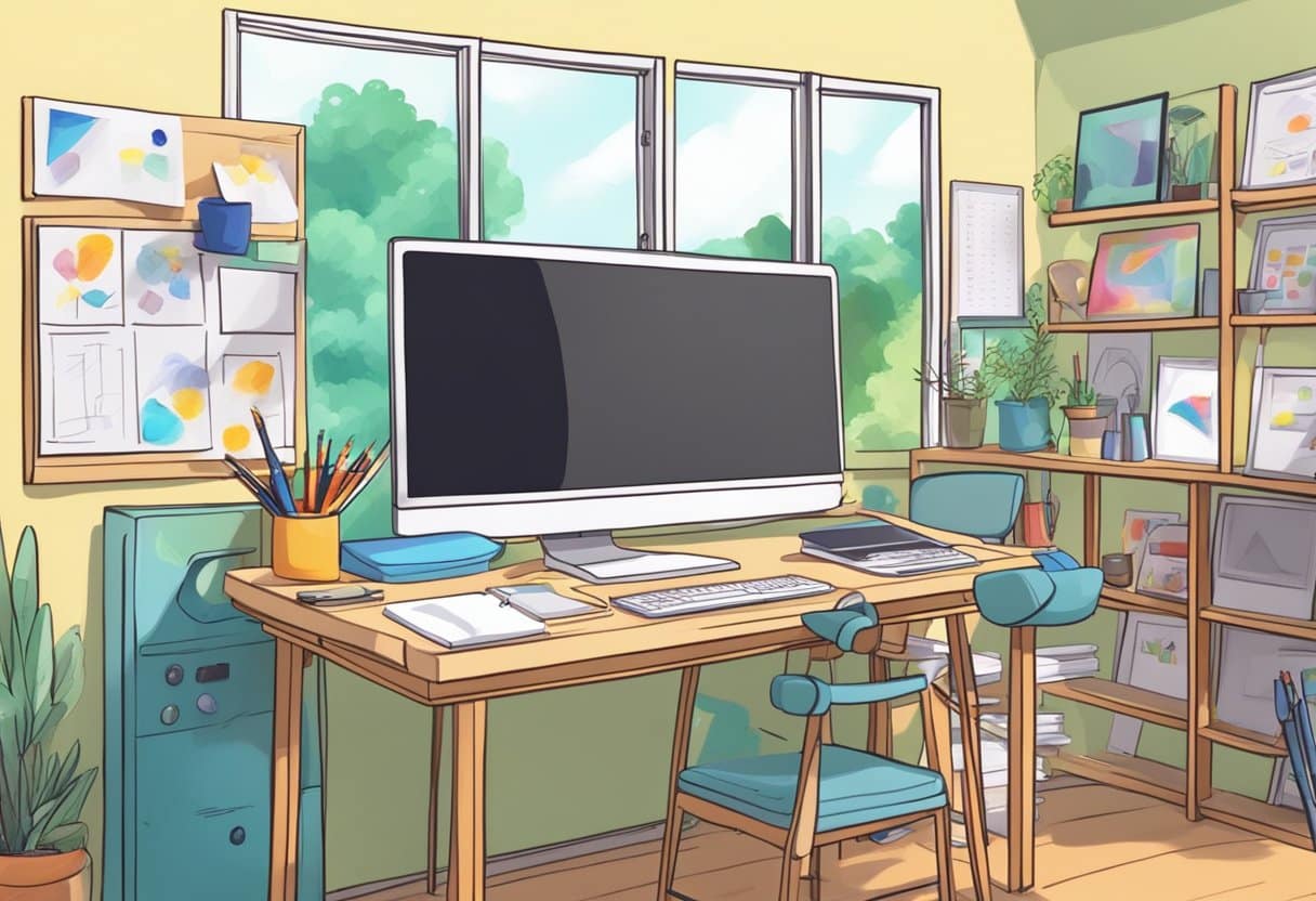 Skills Training Animations: Boosting Workforce Competence Through Visual Learning - A colorful animation studio with drawing tablets and art supplies. A whiteboard displays fundamental animation principles