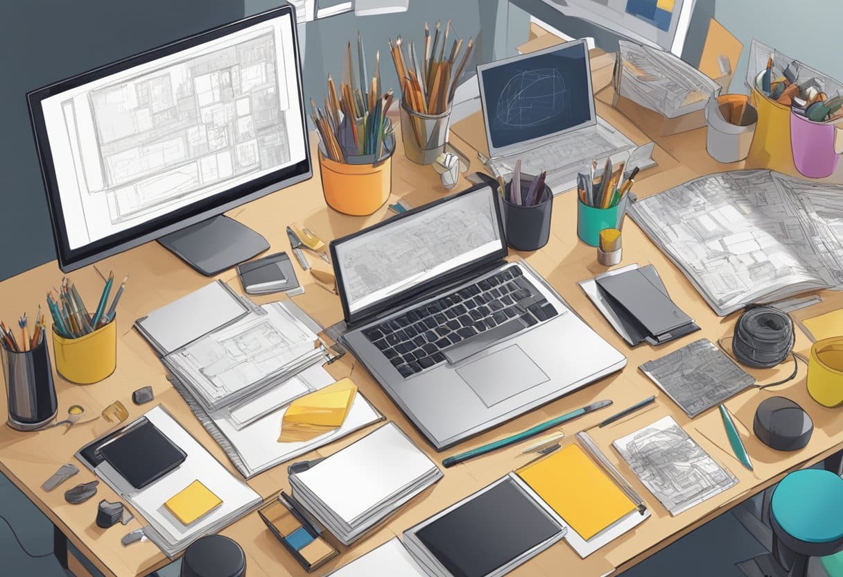 Skills Training Animations: Boosting Workforce Competence Through Visual Learning - A variety of art supplies and digital tools are arranged on a desk, surrounded by colorful sketches and storyboards. A computer screen displays a 2D animation in progress
