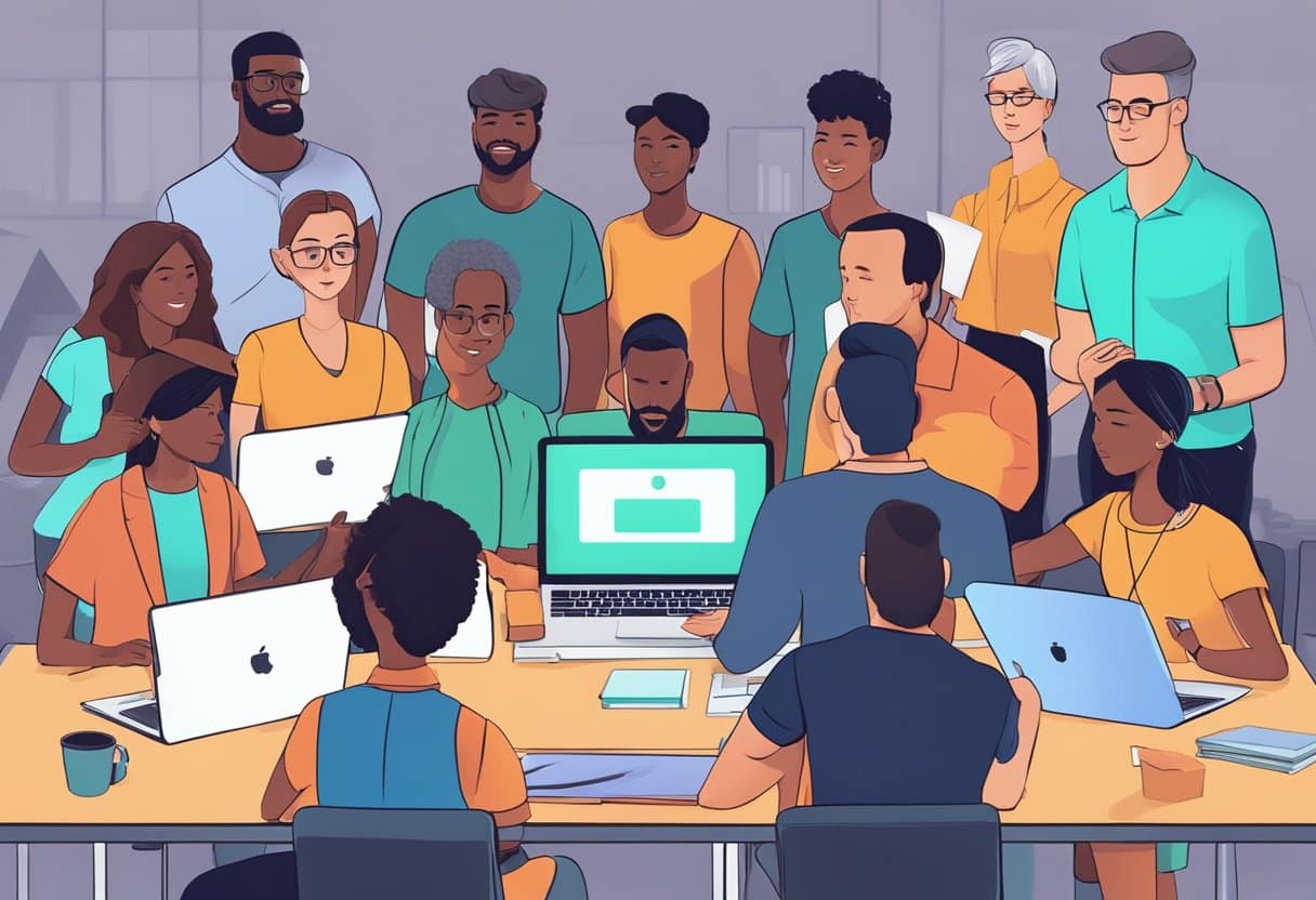 Skills Training Animations: Boosting Workforce Competence Through Visual Learning - A group of diverse characters engage in interactive training exercises, utilizing technology and communication tools