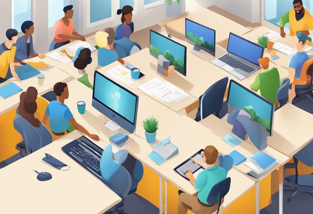 Skills Training Animations: Boosting Workforce Competence Through Visual Learning - A group of animated characters engage in various skills training exercises, demonstrating teamwork and learning in a dynamic and engaging environment