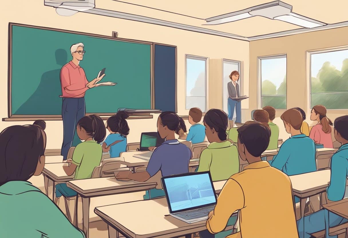 - A classroom setting with a teacher demonstrating animation techniques on a digital drawing tablet to a group of students