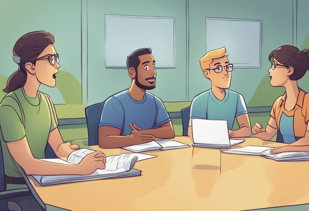 Skills Training Animations: Boosting Workforce Competence Through Visual Learning - A group of animated characters engaging in a training session, with one character asking a question and another character providing a response