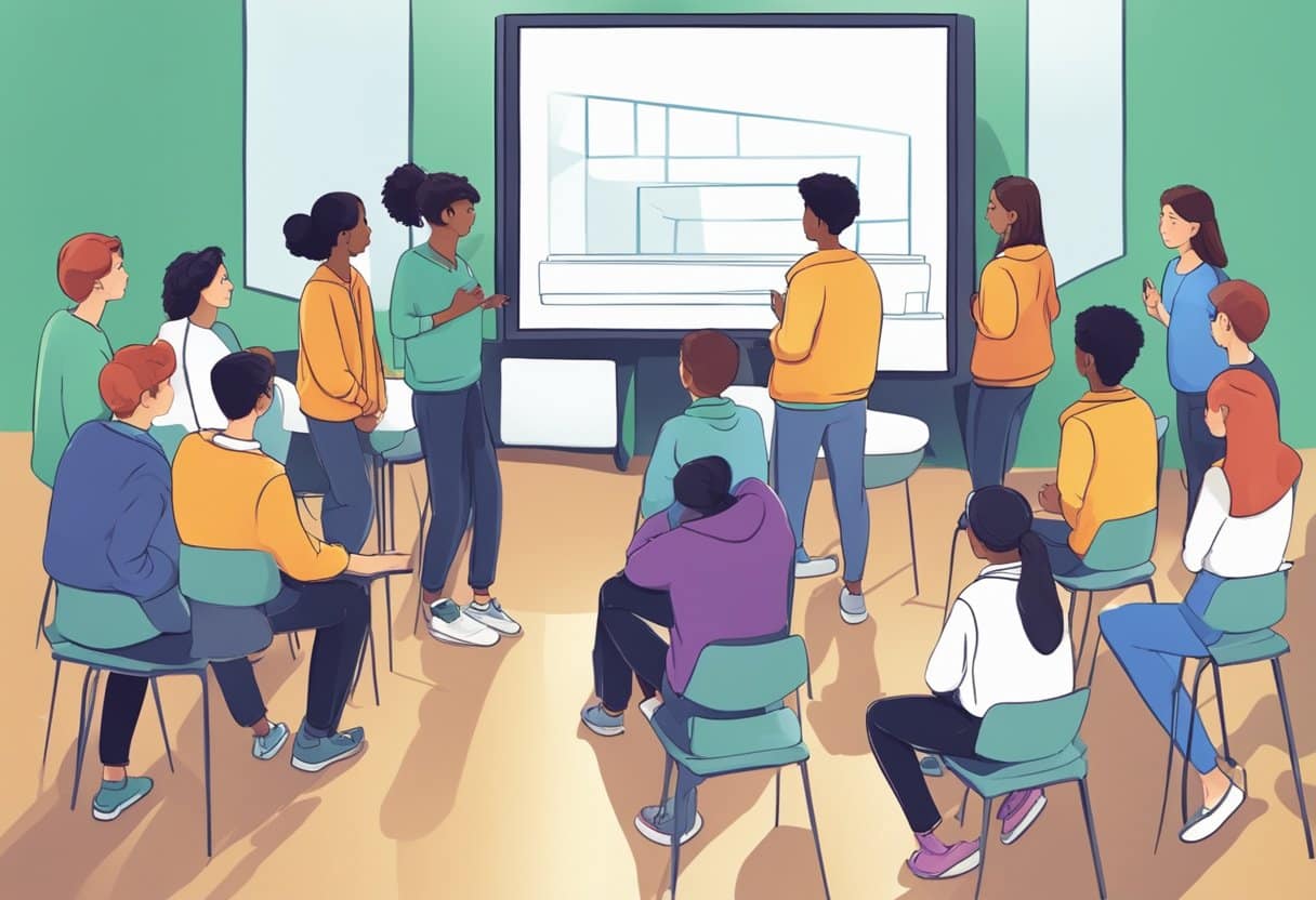 A group of young students gathered around a screen, eagerly watching an educational video on a topic relevant to their studies