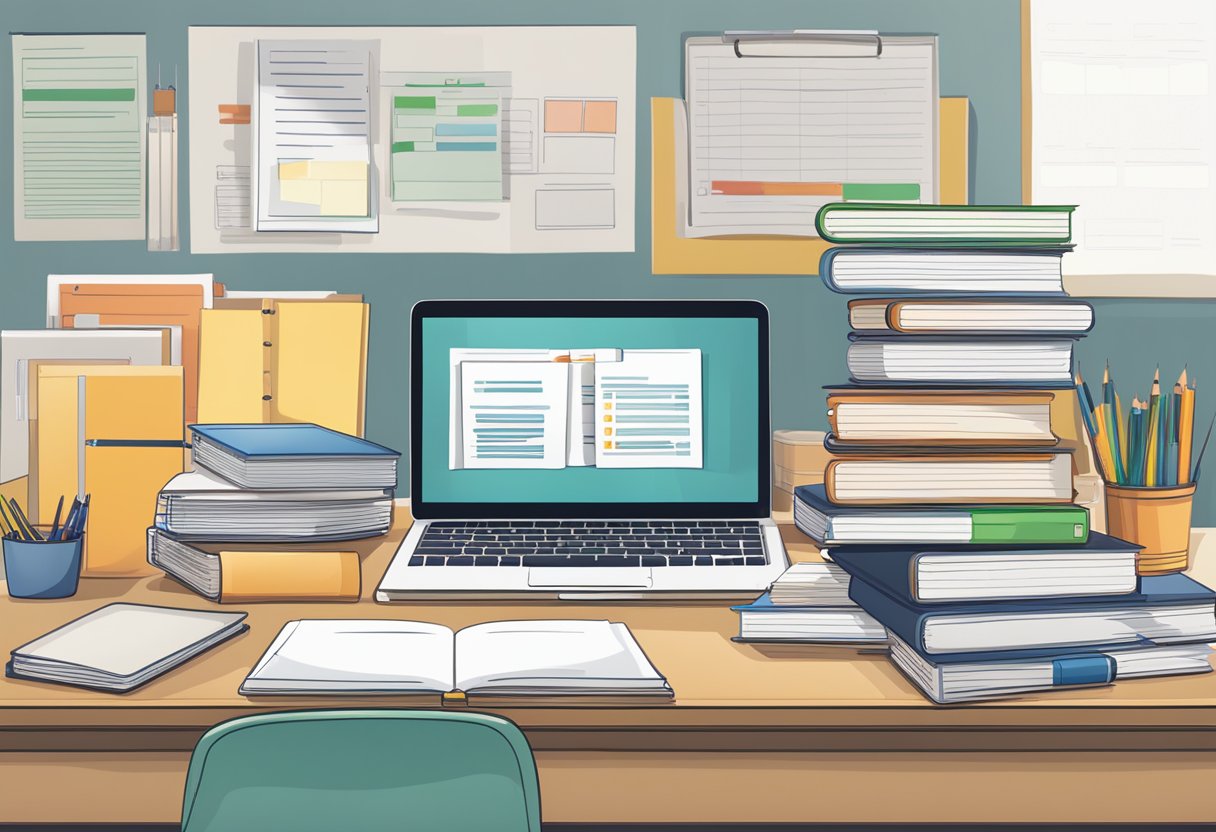 A desk with organized teaching materials, including textbooks, lesson plans, and educational tools. A laptop displaying educational websites and a stack of papers with grading rubrics