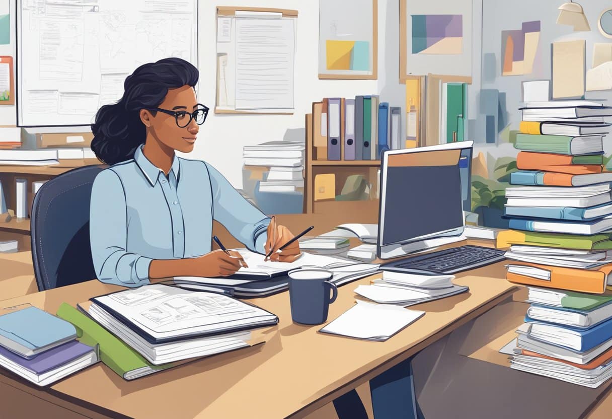 A teacher sits at a desk, surrounded by books, papers, and a computer. A whiteboard displays a lesson plan and curriculum design resources