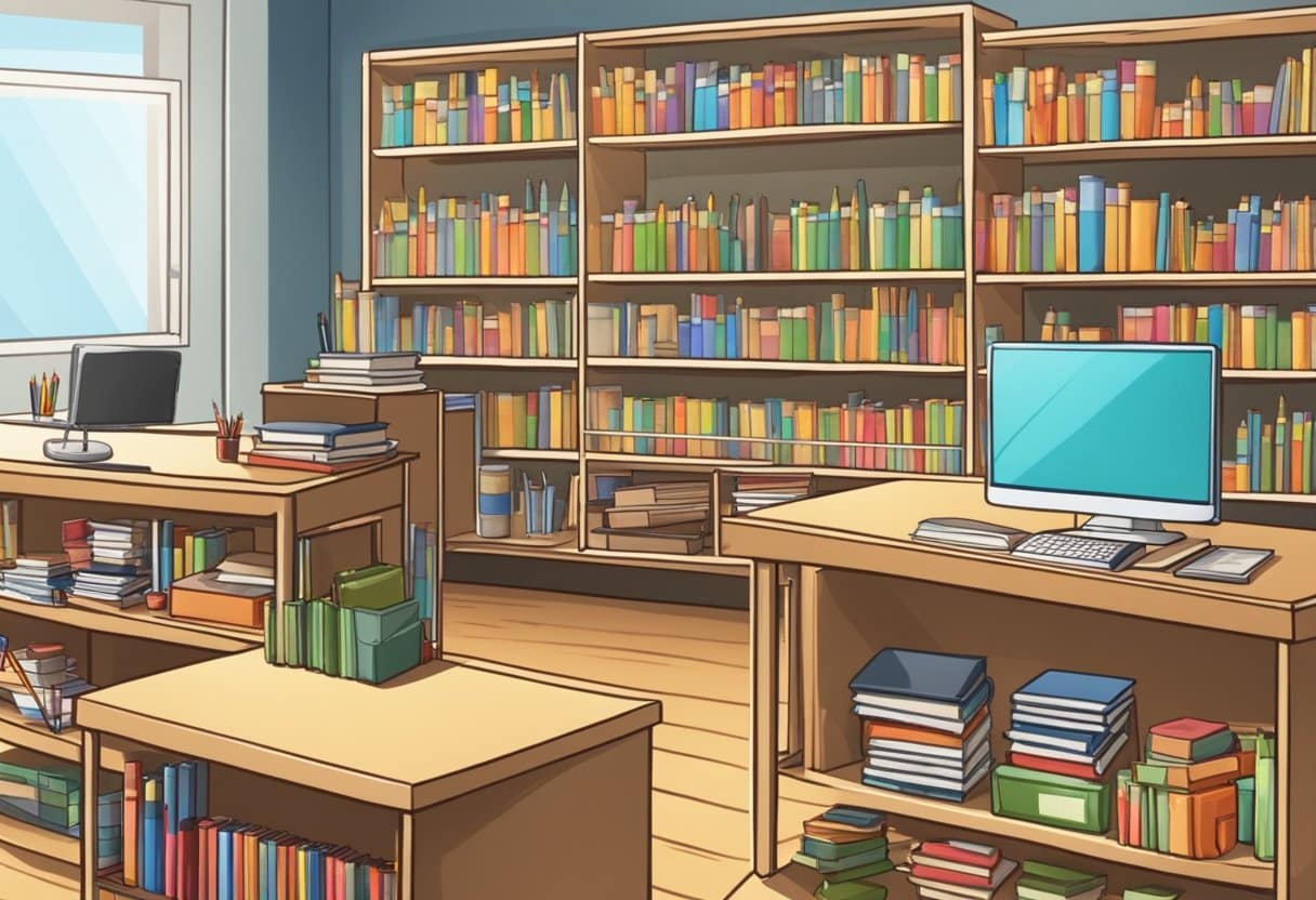 A classroom scene with shelves full of teacher resources, including books, educational materials, and supplies neatly organized for easy access