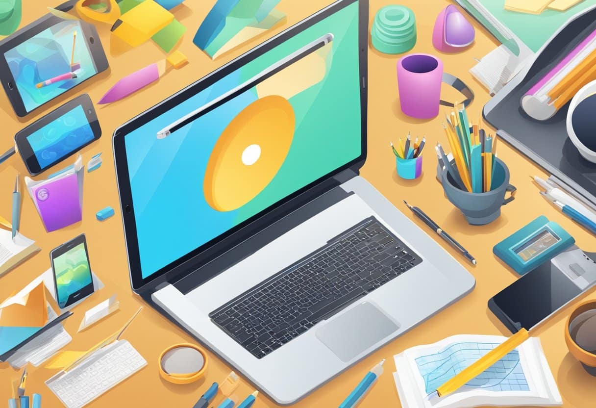 A laptop, tablet, and smartphone surrounded by various educational tools and resources