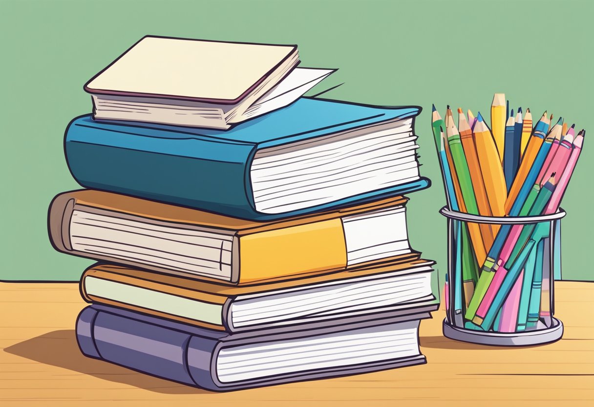 A stack of educational materials, including textbooks, worksheets, and teaching aids, arranged neatly on a desk in a classroom setting