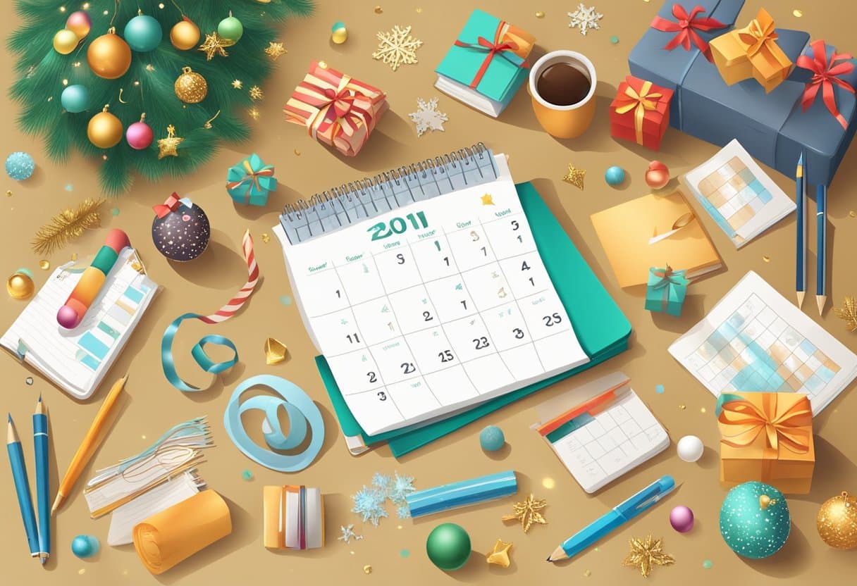 A calendar surrounded by festive decorations and educational materials