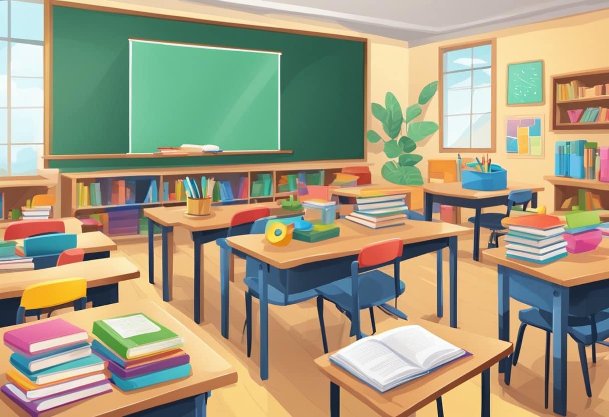 A colorful classroom with various learning materials, including books, audiovisual equipment, and hands-on activities