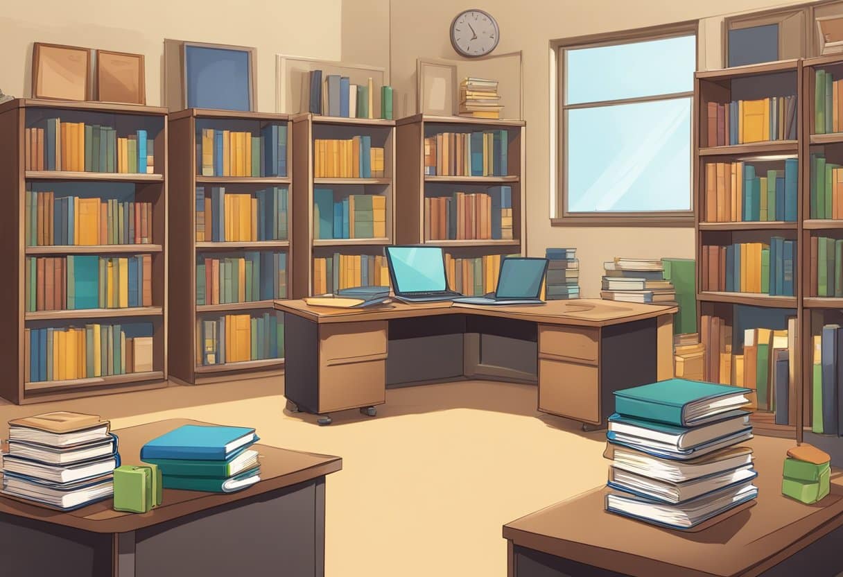 A classroom setting with a teacher's desk, bookshelves, and various teaching materials such as textbooks, legal documents, and ethical guidelines