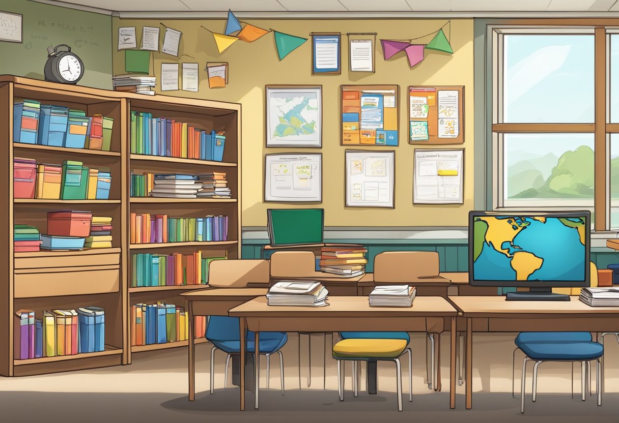 A classroom with a teacher's desk, bookshelves, and educational materials. A whiteboard displays lesson plans and a bulletin board showcases teacher resources