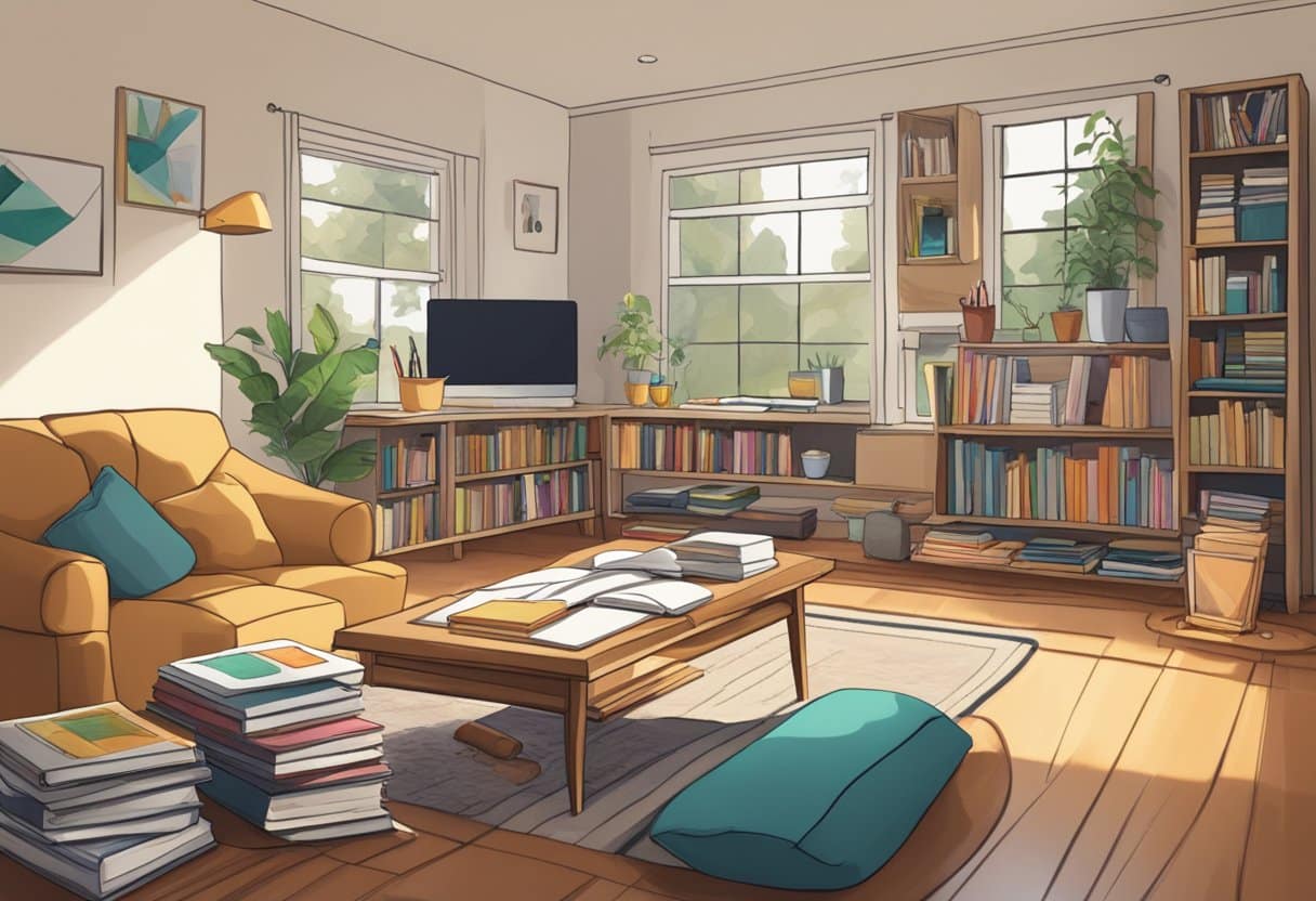 A cozy living room with a table covered in art supplies, a computer with animation software, and a stack of homeschooling books