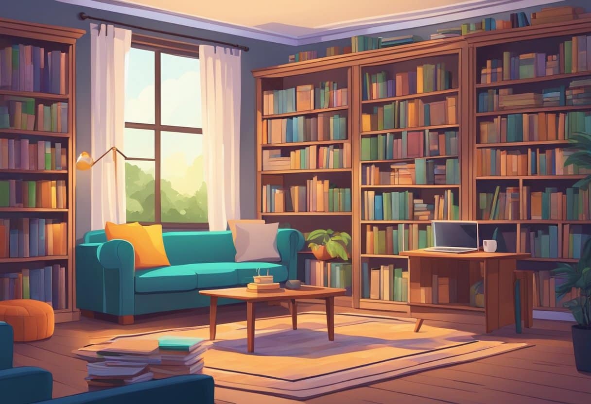 A cozy home library with shelves of colorful homeschool animation resources and a comfortable reading nook with a laptop and drawing tablet