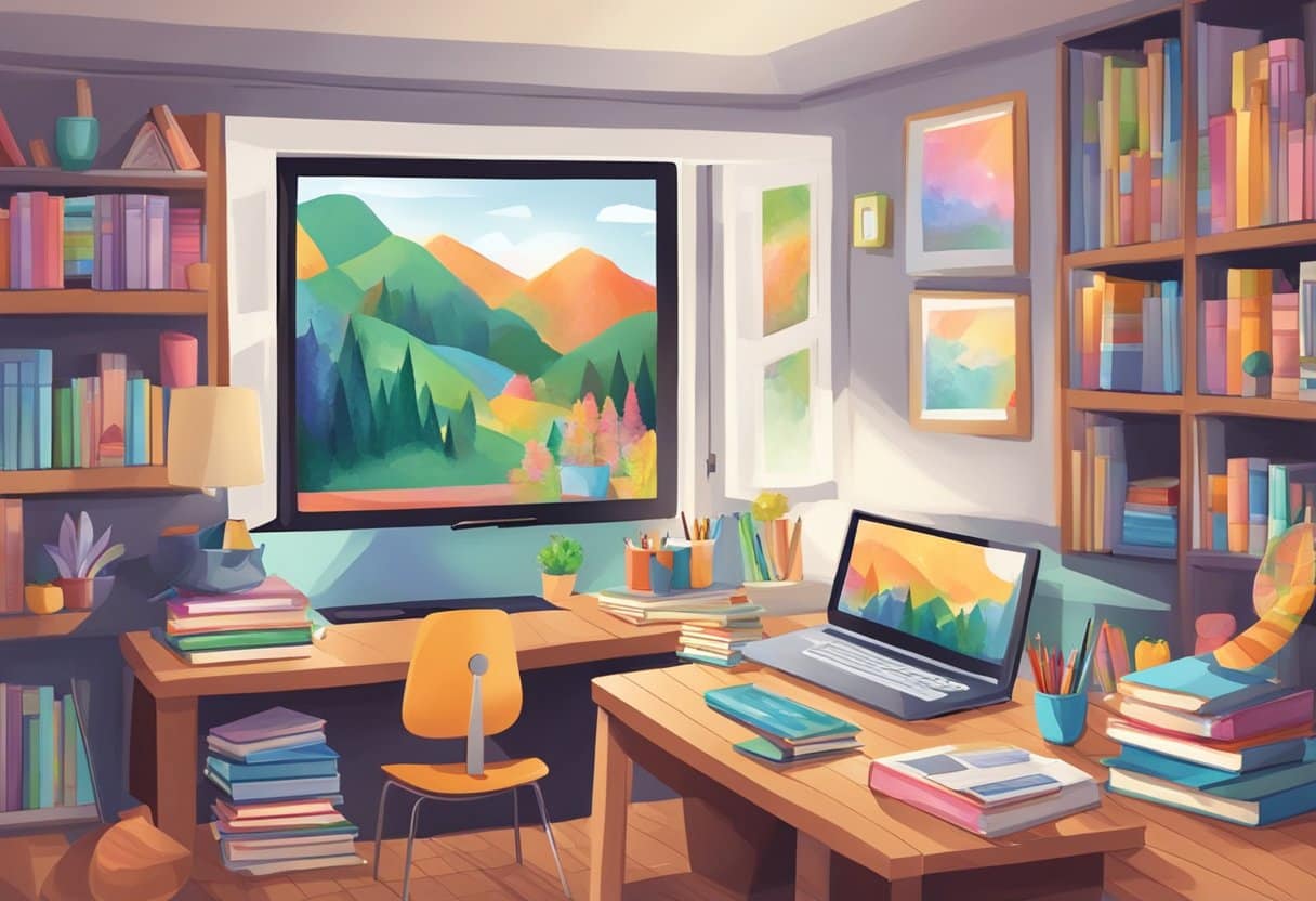 A cozy homeschool room with a computer screen showing educational videos, surrounded by books, pencils, and colorful artwork