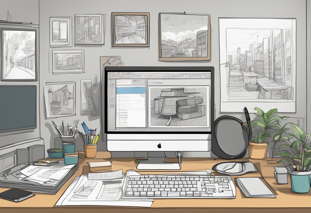A cluttered desk with a computer, drawing tablet, and various art supplies. A storyboard and sketches cover the wall, while a finished animation plays on the screen