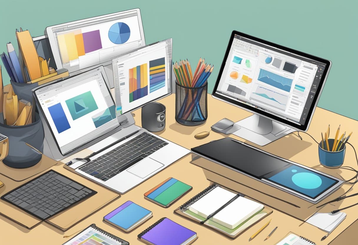 A computer with animation software open, surrounded by notebooks, pencils, and a tablet