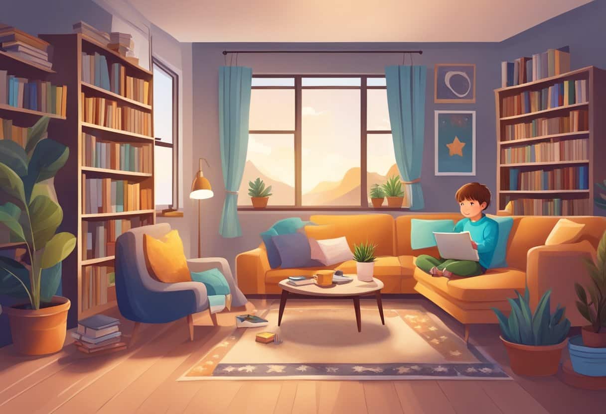 A cozy living room with a child engrossed in educational homeschool animations on a large screen, surrounded by books and learning materials