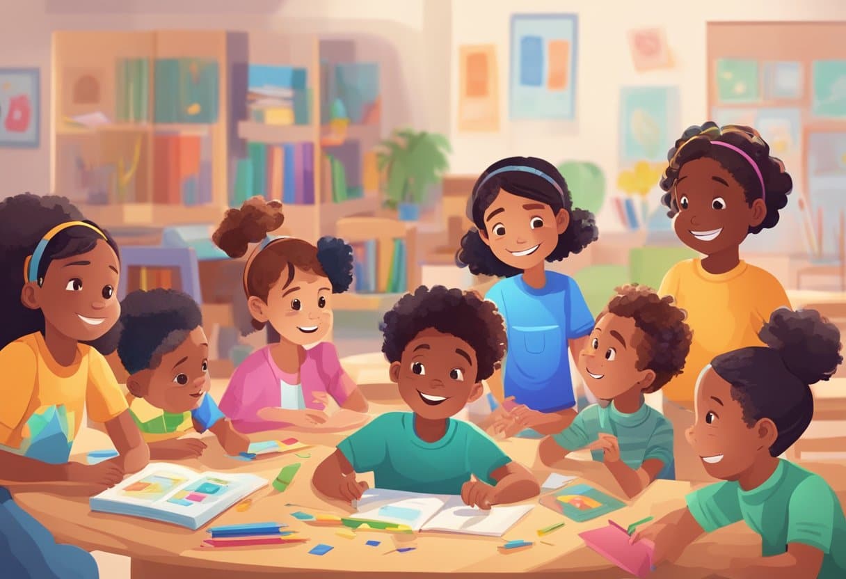 A diverse group of children engaging in educational activities, surrounded by colorful and engaging animations