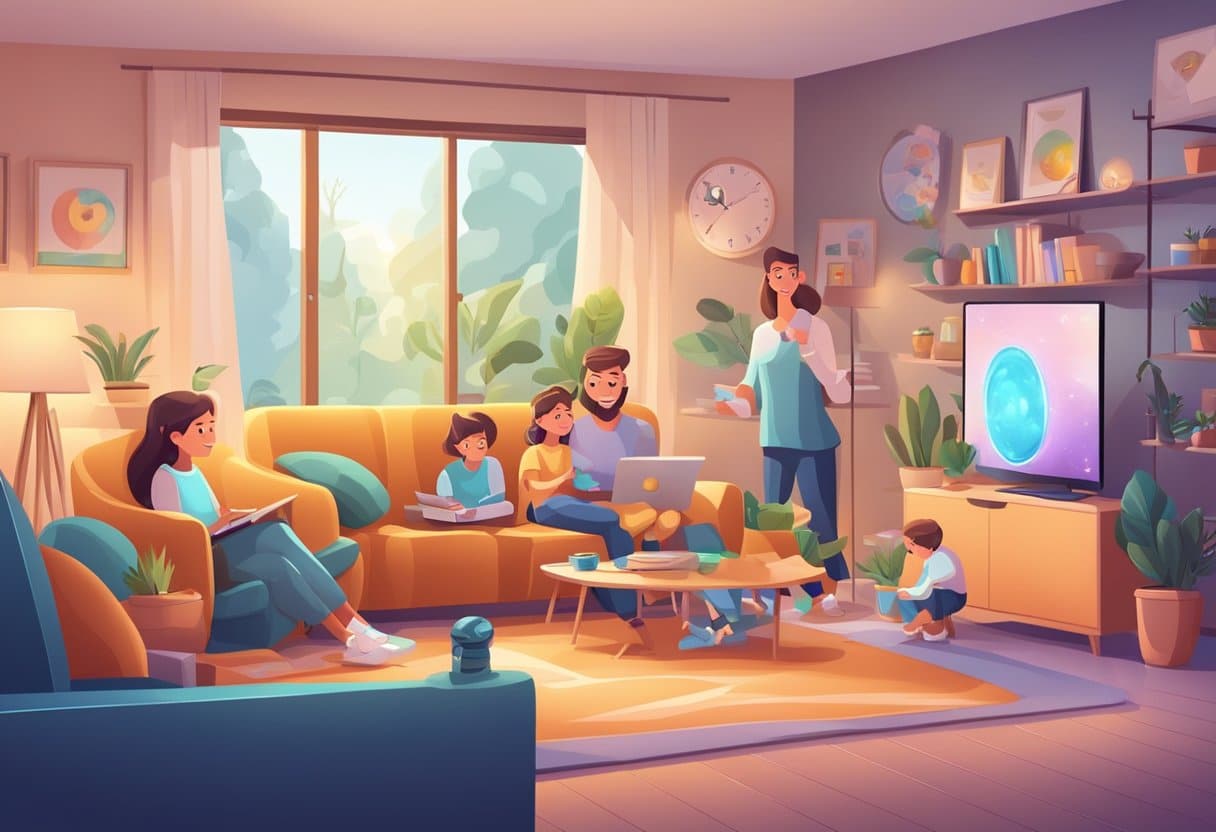 A cozy living room with a family of cartoon characters engaged in homeschooling activities, surrounded by futuristic technology and interactive educational tools