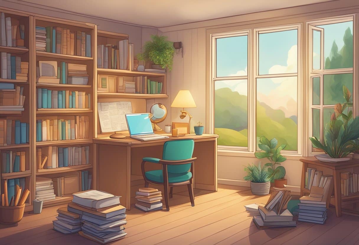 A cozy home setting with a computer screen showing "Frequently Asked Questions" about homeschooling, surrounded by books and educational materials