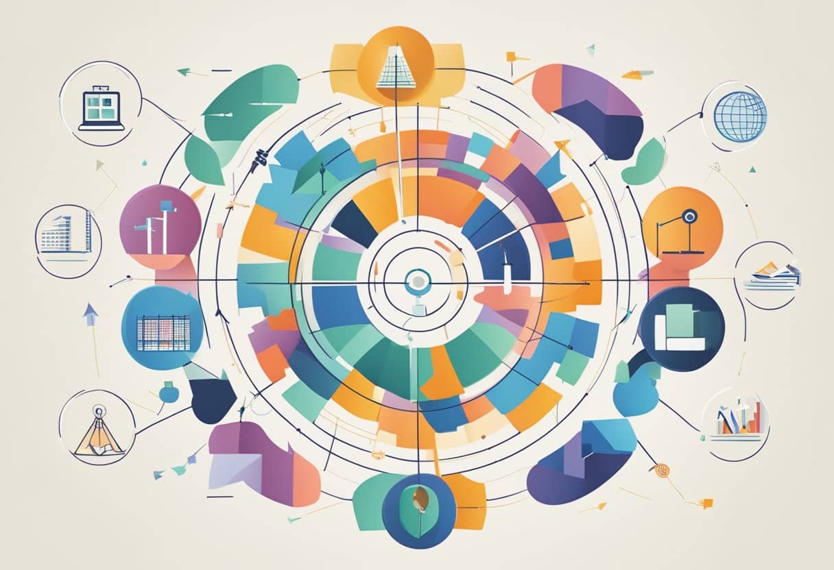 A group of diverse objects arranged in a circular pattern, with arrows and lines connecting them, representing the interconnected key components of the inquiry process