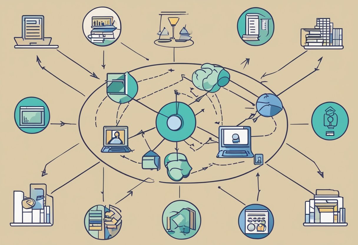 A group of diverse objects arranged in a circle, with arrows pointing from one to the next, representing the interconnected roles and responsibilities in inquiry-based learning