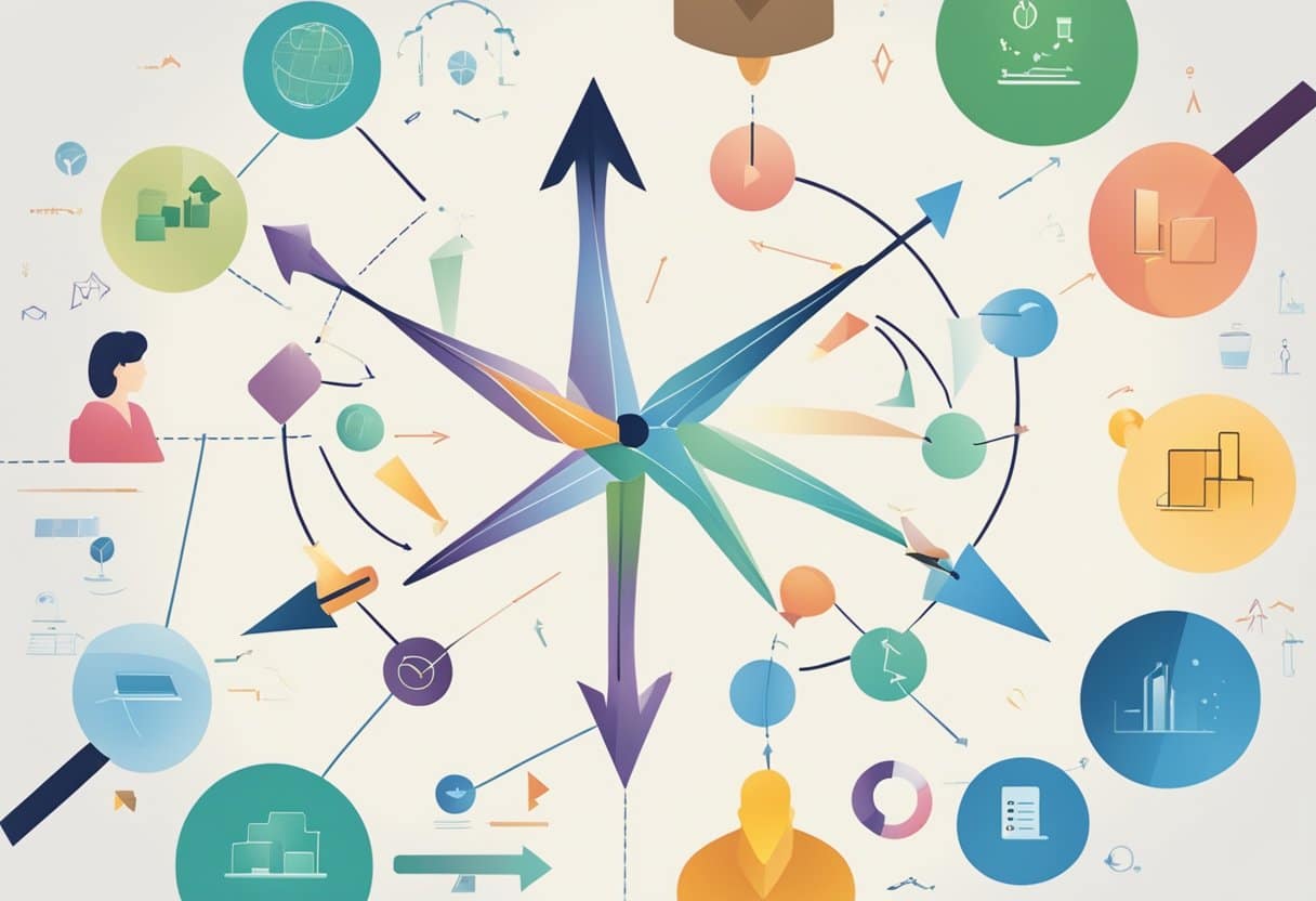 A group of diverse objects arranged in a circle, with arrows pointing from one to the next, representing the flow of inquiry-based learning assessment and evaluation