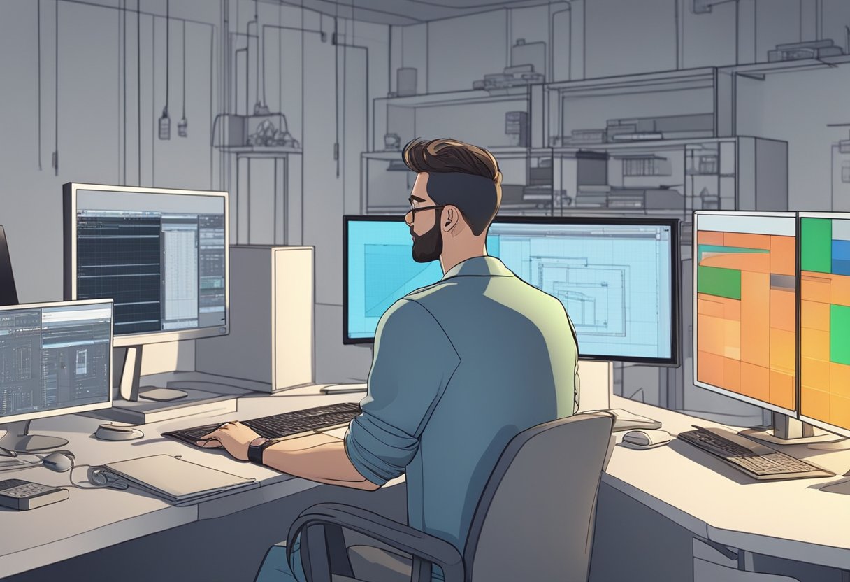 A computer-generated character interacts with advanced animation software and equipment in a modern studio setting