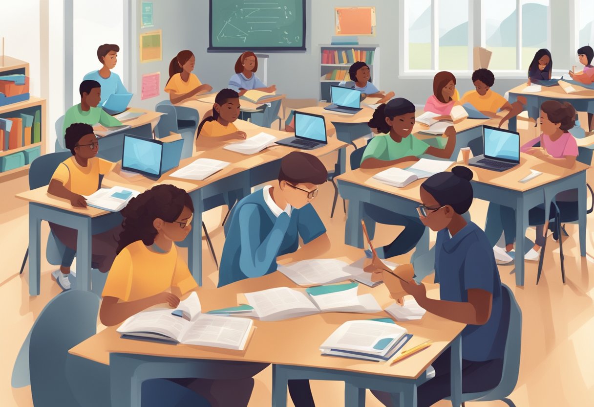 A classroom scene with diverse students engaged in learning activities, surrounded by educational materials and technology