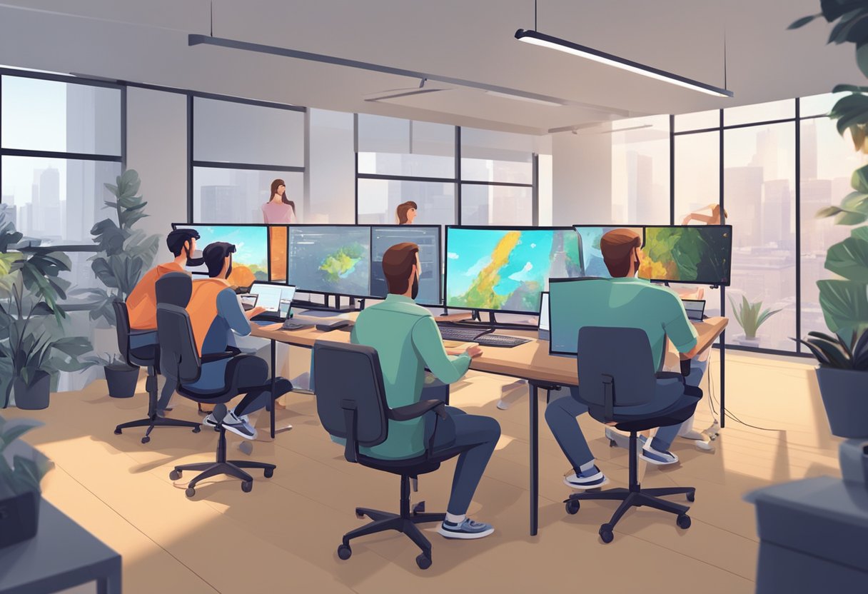 A group of animators working on custom educational animations in a modern studio filled with drawing tablets and computer screens