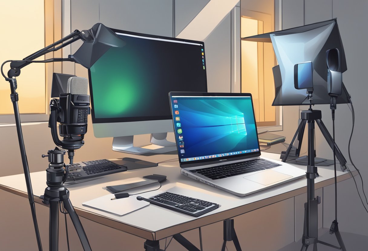 A computer with various software open, a camera on a tripod, and a microphone on a stand in a well-lit studio